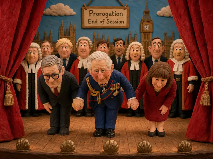 Political cartoon ideas about the House of Lords announcing a Royal Commission to prorogue Parliament due to His Majesty's absence, highlighting silence and minimal debate.