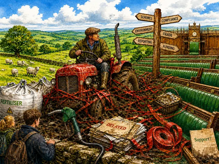 A political cartoon showing a tired farmer caught between stalled government payments and soaring costs of fertiliser and fuel, with bureaucratic delays and underfunded schemes symbolized by locked gates and slow-moving snails, against a backdrop of rural crime and mental health challenges, highlighting the struggles faced by farmers despite government funding promises.
