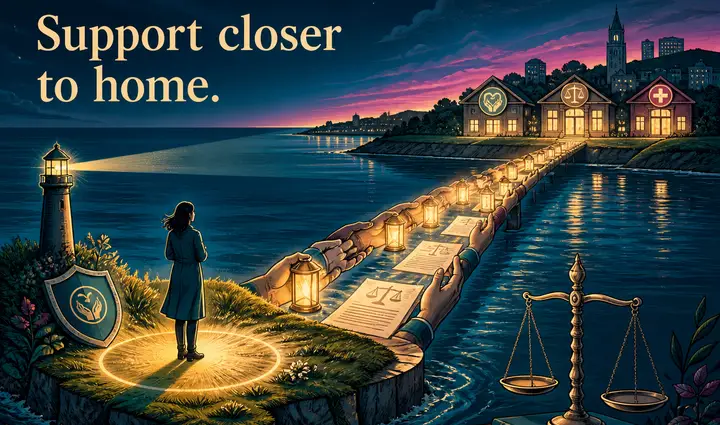 Political cartoon concepts illustrating the challenges faced by sexual assault survivors on the Isle of Wight, highlighting issues of support access, government investment, legal delays, and survivor advocacy.