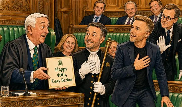 Cartoon concepts depicting Sir Lindsay Hoyle congratulating Gary Barlow on his 40th birthday in the House of Commons, blending parliamentary imagery with birthday celebrations and musical/train motifs.