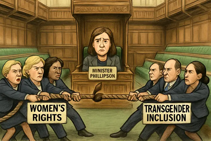 Four-panel political cartoon concepts portraying the Commons debate on women’s workplace support, transgender rights, harassment issues, and community tensions: Minister Phillipson with the forthcoming EHRC code in a crowded chamber; a tug-of-war over women’s and transgender rights balanced by Phillipson; Rupert Lowe accused by Phillipson of workplace misconduct while critiquing immigrant harassment; and a split scene of single-sex changing rooms with nurses and MPs debating progress and policies.
