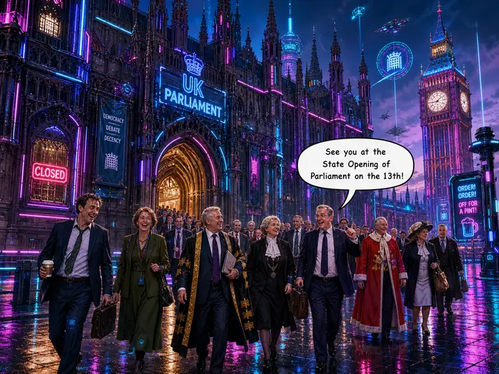 Political cartoons depicting the prorogation of the UK Parliament on 29 April 2026 by order of the King, showing Baroness Smith of Basildon announcing prorogation, with themes of royal authority, suspension of parliamentary activity, and absence of debate, using imagery such as a red button, a chessboard throne, a stopped clock, and an empty Lords chamber with a royal portrait.