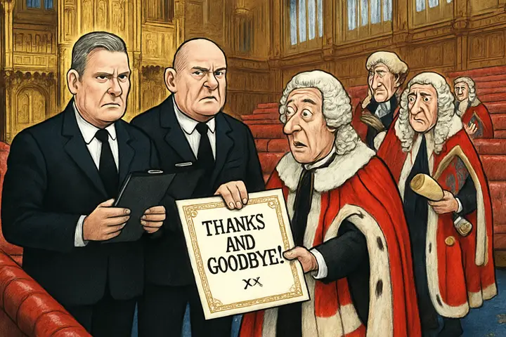 Political cartoon concepts depicting the phased removal of hereditary peers from the House of Lords, showing respectful farewells and symbolic transitions inside the Lords Chamber.