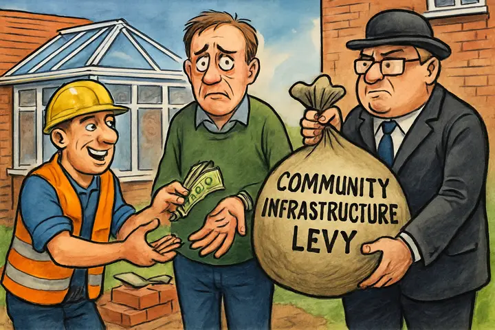 Political cartoons satirizing the burden of Community Infrastructure Levy (CIL) on homeowners, highlighting Waverley council's exploitation of legal loopholes, unspent funds, lack of reform, and the government’s pending consultation to address fairness and complex regulations.