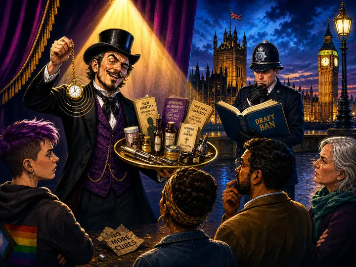 Political cartoon concepts depicting the UK Parliament debate on banning conversion practices. Imagery includes Minister Olivia Bailey with delayed legislation, MPs questioning specifics of bans, the Speaker reprimanding the Minister for deflecting questions, and a timeline highlighting repeated government promises over eight years about banning conversion therapy targeting trans people.